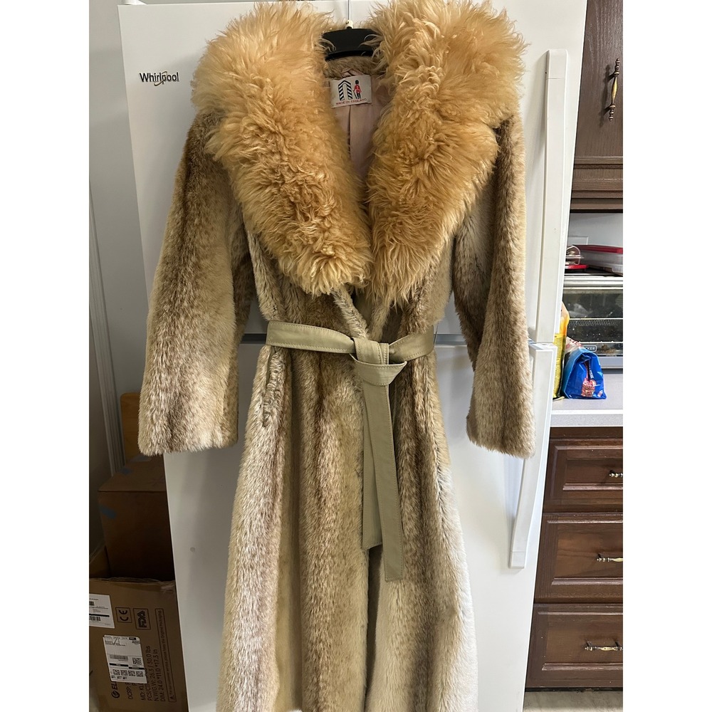 Vintage Made in England | Tan Faux Fur Long Leather Belted Trench Coat | Size S